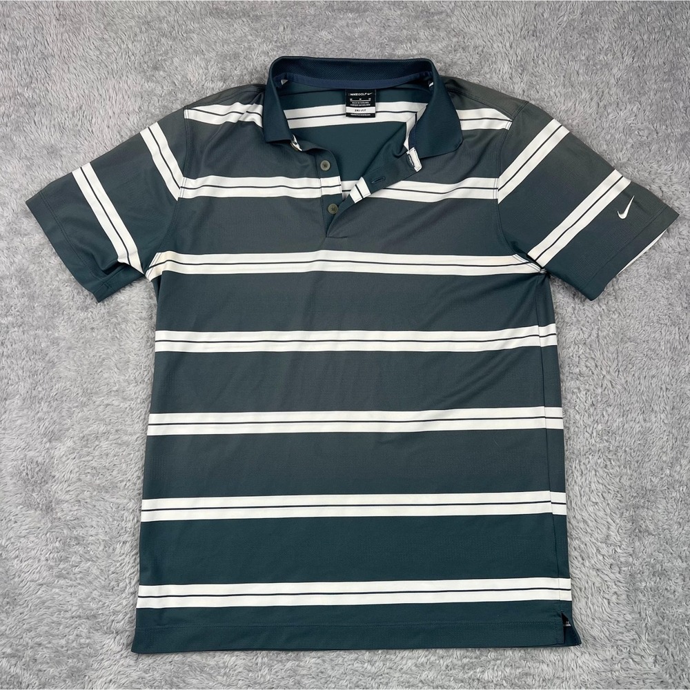 Nike Golf Polo Shirt Mens Medium Grey White Striped  Dri-FIT
